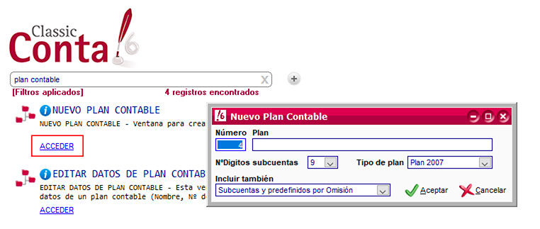 Acceder a las funciones desde los resultados de búsqueda de ClassicConta.
