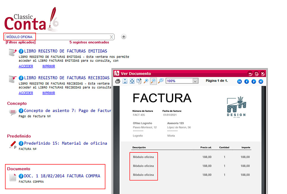 Acceder a los documentos desde los resultados de búsqueda de ClassicConta.