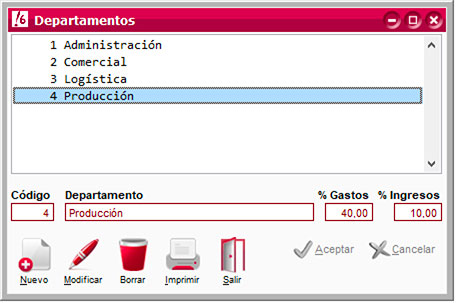 Departamentos contables de ClassicConta.