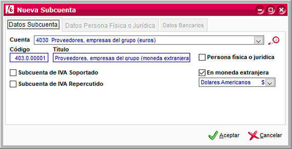 Datos de subcuenta de ClassicConta.