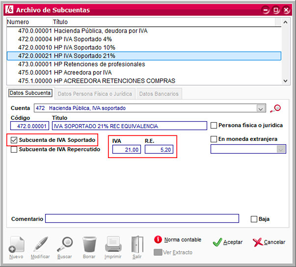 Configuración de subcuenta para IVA soportado 21% de ClassicConta.