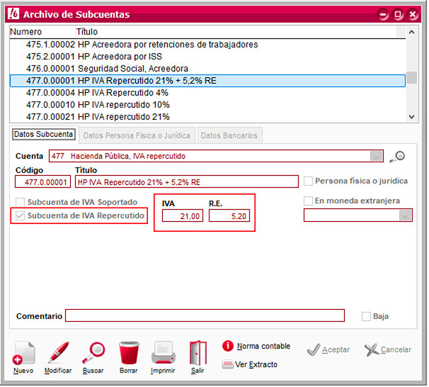 Configuración de subcuenta para IVA repercutido 21% de ClassicConta.