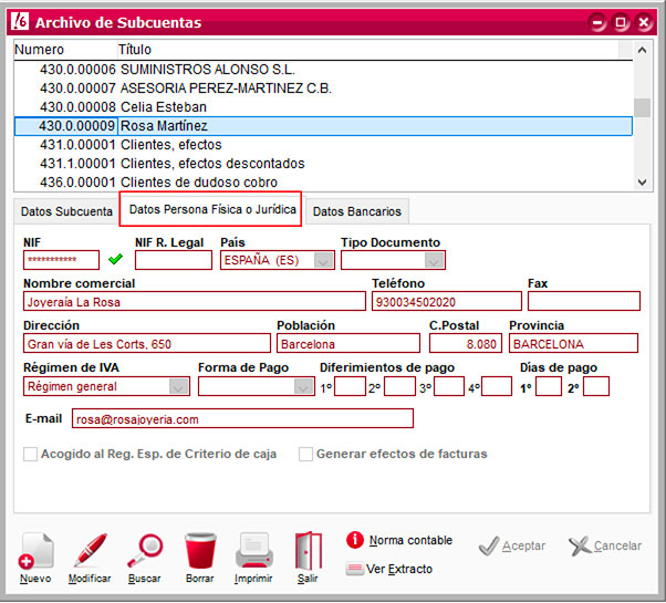 Datos de persona física o jurídica de Subcuenta en ClassicConta.
