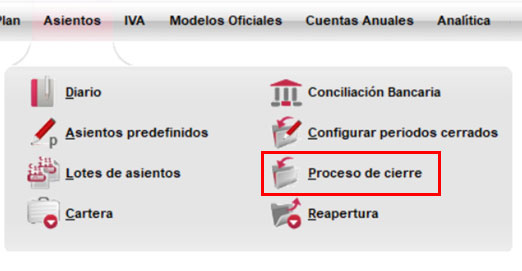 Barra de menú de ClassicConta con Proceso de cierre destacado.