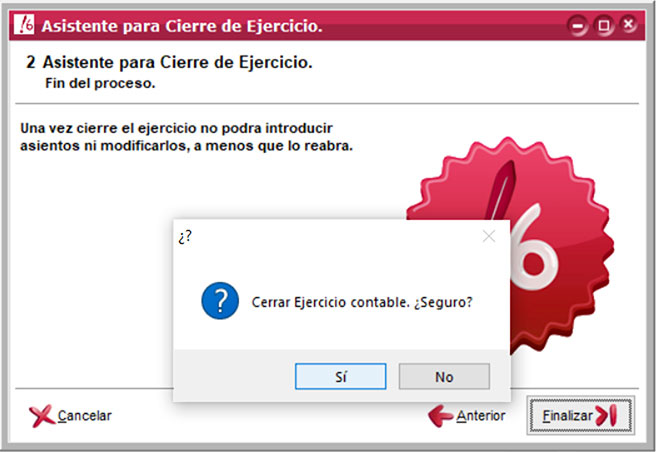 Ventana Asistente para Cierre de Ejercicio en ClassicConta con ventana modal para acreditar que se quiere cerrar Ejercicio contable.