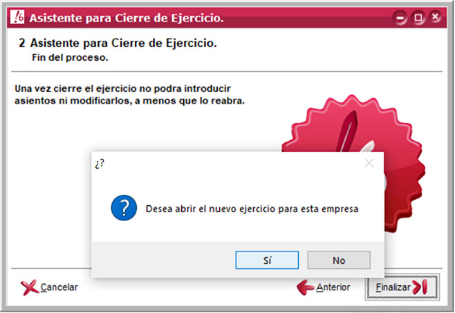 Ventana Asistente para Cierre de Ejercicio en ClassicConta con ventana modal que preginta si queremos abrir un nuevo ejercicio contable.