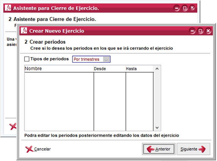 Ventana Asistente para Cierre de Ejercicio y ventana Crear Nuevo Ejercicio en ClassicConta.