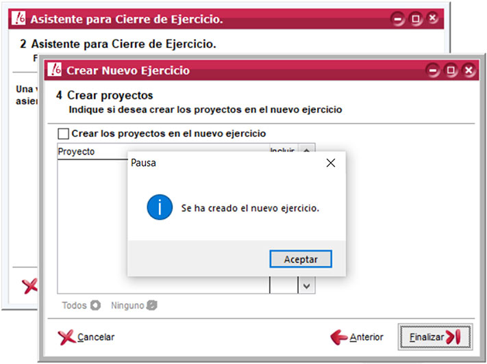 Ventana Asistente para Cierre de Ejercicio y ventana Crear Nuevo Ejercicio en ClassicConta con ventana modal que indica que se ha creado el nuevo ejercicio.