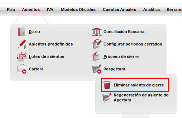 Barra de menú de ClassicConta con Eliminar asiento de cierre.