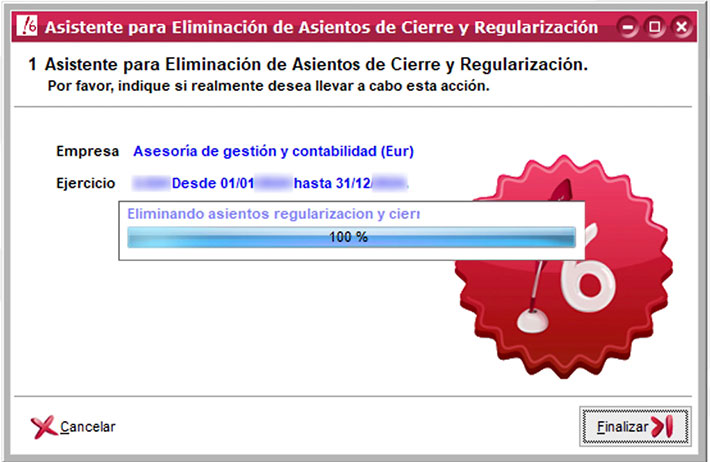Ventana Asistente para Eliminación de Asientos de Cierre y Regularización en ClassicConta.