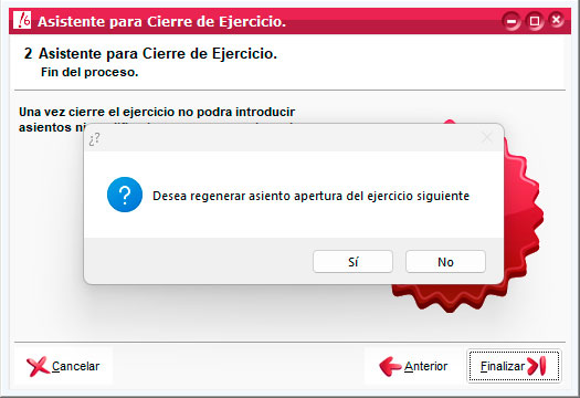 Ventana Asistente para Cierre de Ejercicio con modal que pregunta si queremos regenerar apertura de ejercicio.