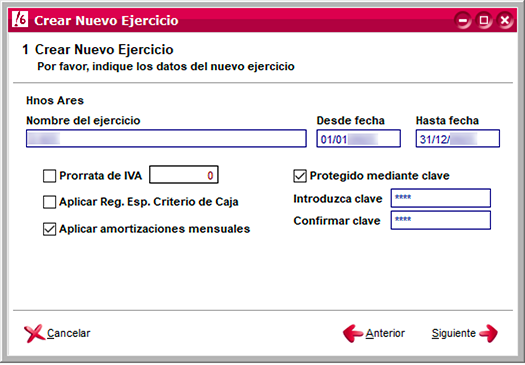 Configuración de nuevo ejercicio en ClassicConta.