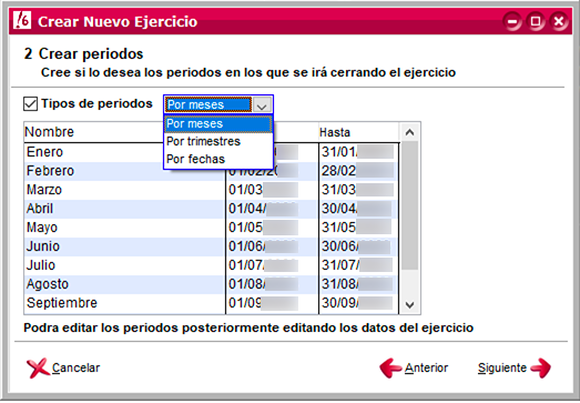 Configuración de periodos para nuevo ejercicio en ClassicConta.