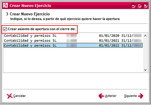Configuración de asiento de apertura para nuevo ejercicio en ClassicConta.