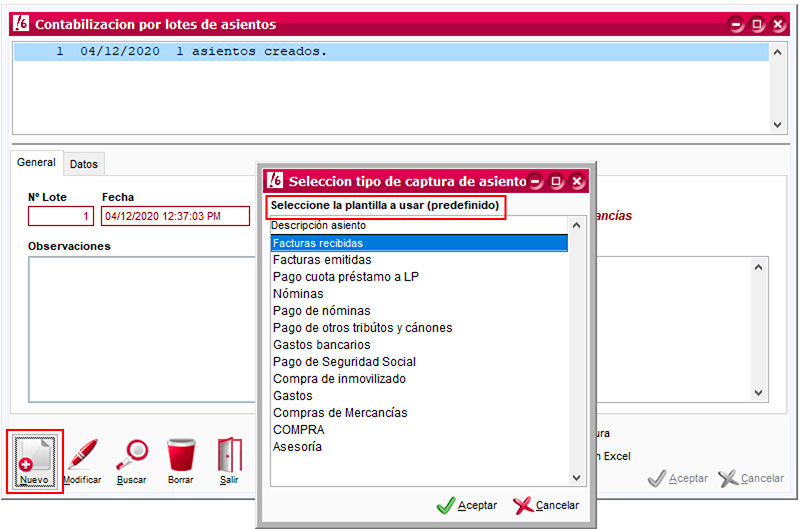 Selección de plantilla para la contabilización automática de ClassicConta.