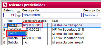 Subcuenta de gastos de transporte en ClassicConta.