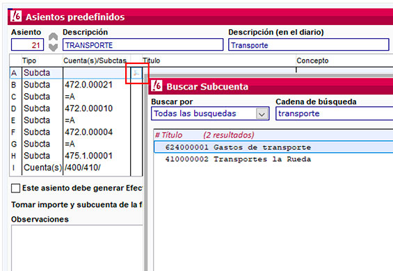 Buscar subcuenta gastos de transporte en ClassicConta.