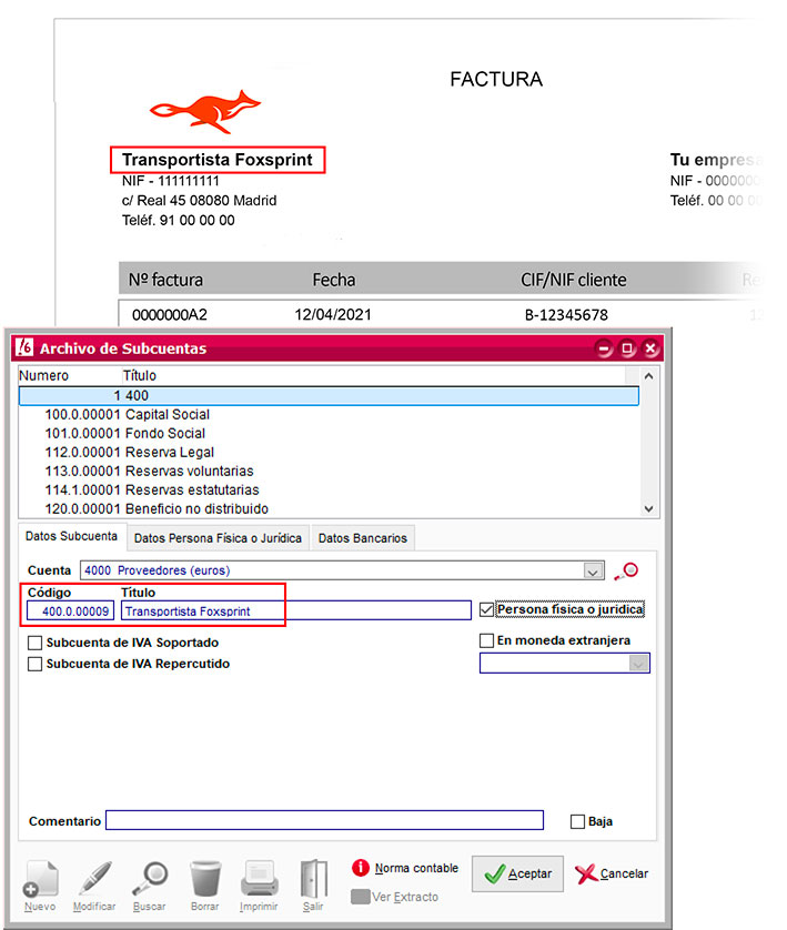 Crear subcuenta gastos de transporte según factura recibida en ClassicConta.