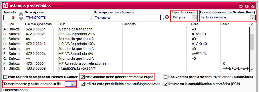 Configuración de asiento predefinido en ClassicConta.