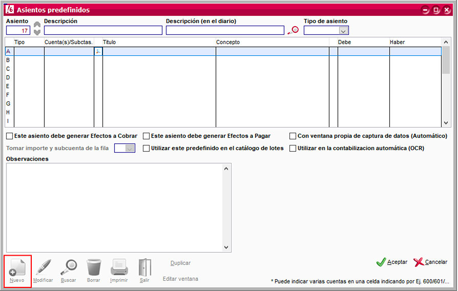 Crear asiento predefinido en ClassicConta.