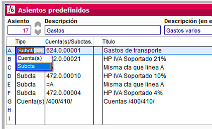 Subcuenta de asiento predefinido en ClassicConta.