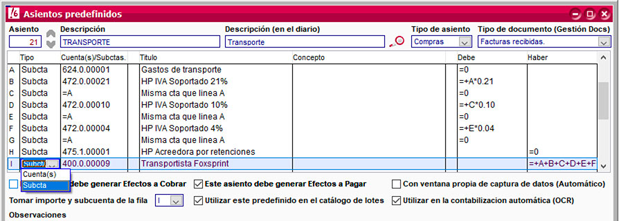 Subcuenta de asiento predefinido con operación en el haber en ClassicConta.