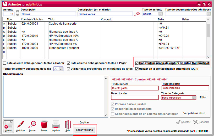 Crear una ventana de captura de datos para la contabilización de un predefinido en ClassicConta.