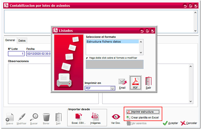 Imprimir la estructura de un fichero de datos para la contabilización automática en ClassicConta.