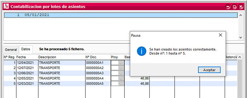 Asientos creados correctamente a través de la contabilización automática de ClassicConta.