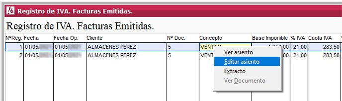 Editar asiento desde registro de IVA de facturas emitidas en ClassicConta.