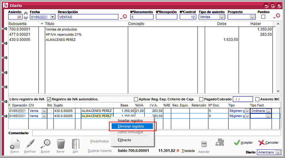 Eliminar registro desde registro de IVA de asiento en ClassicConta.