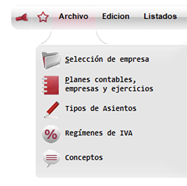 Menú archivo de ClassicConta.