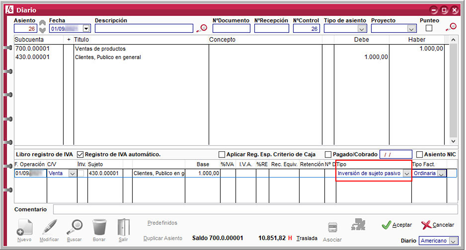 Seleccionar inversión de sujeto pasivo en el registro de IVA de un asiento en ClassicConta.
