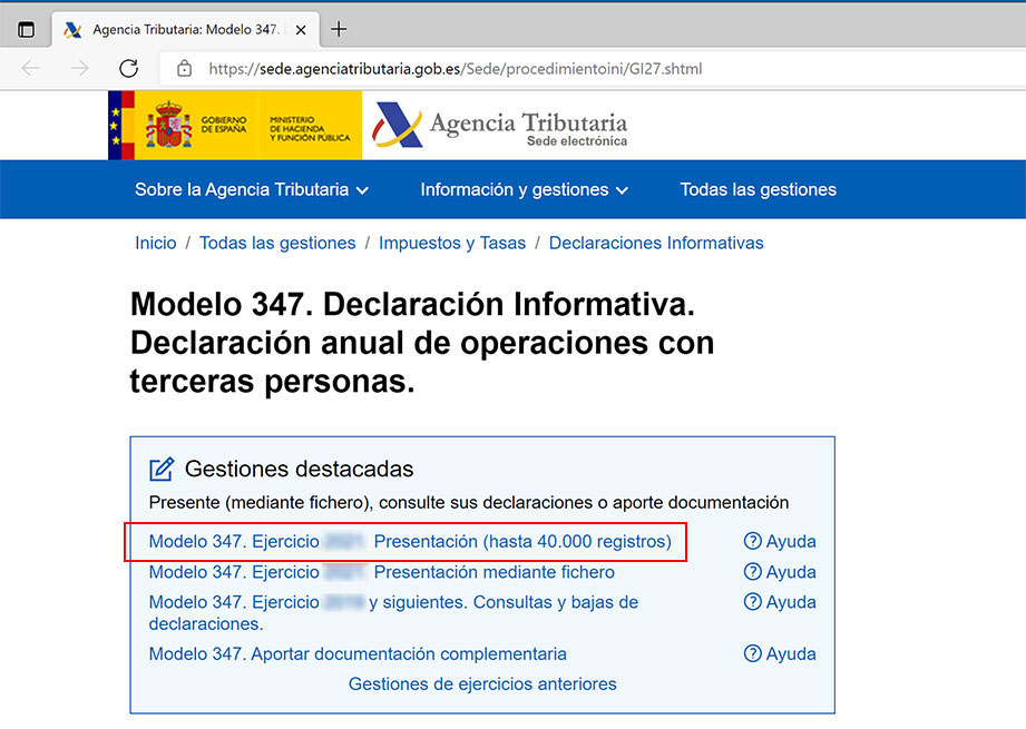 Presentar modelo 347 desde la web de la agencia tributaria.
