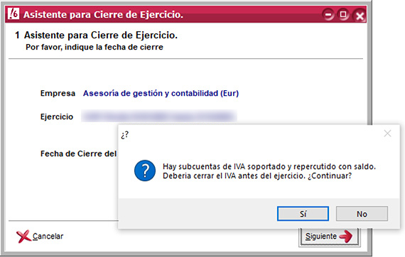 Aviso para cerrar el IVA antes del cierre de ejercicio de ClassicConta.