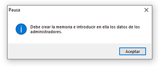 Aviso para crear la memoria con los datos de los administradores en ClassicConta.
