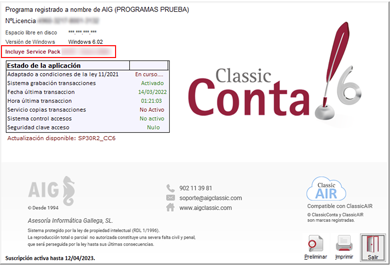Número de Service Pack actualizado en ClassicConta.