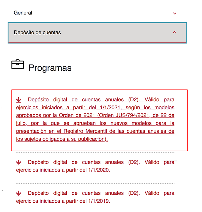 Descarga del programa D2 en el Registro mercantil.