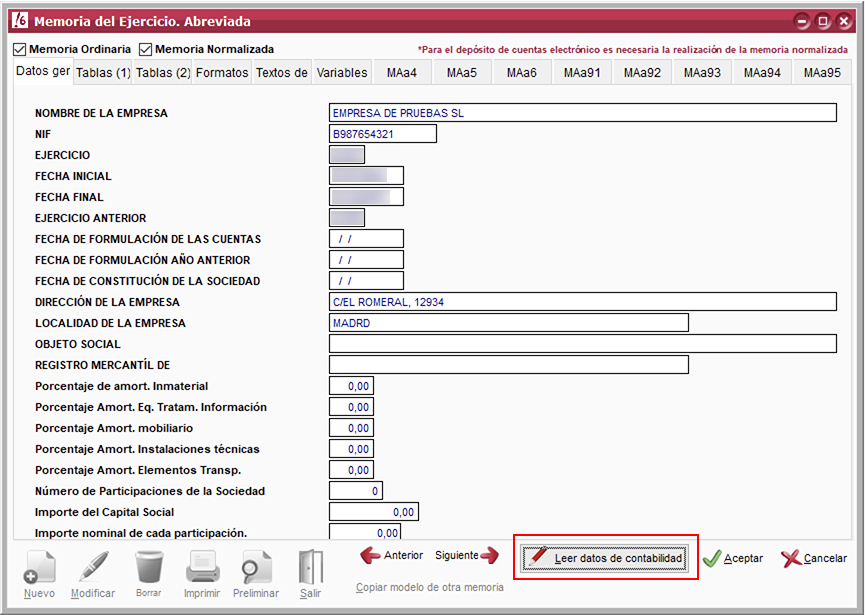 Leer datos de contabilidad para elaborar la memoria abreviada de ejercicio en ClassicConta.