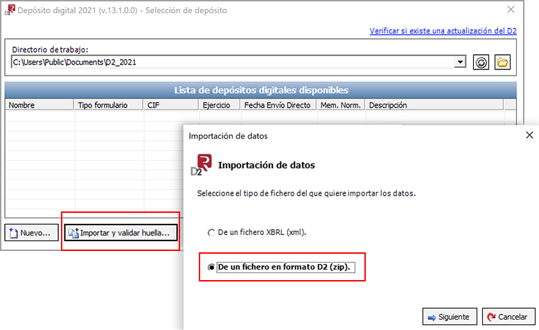 Importar archivo para la presentación de cuentas anuales en el programa D2.