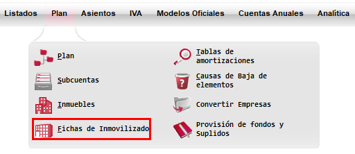 Menú Fichas de inmovilizado de ClassicConta.