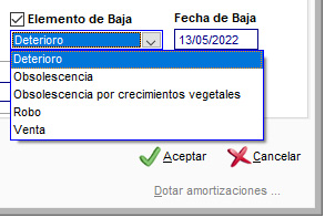 Elemento de baja de bienes de inversión de ClassicConta.