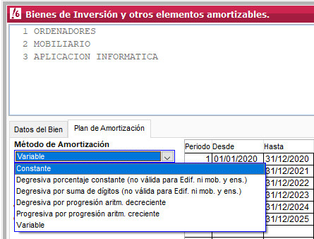 Seleccionar método de amortización a bienes de inversión en ClassicConta.