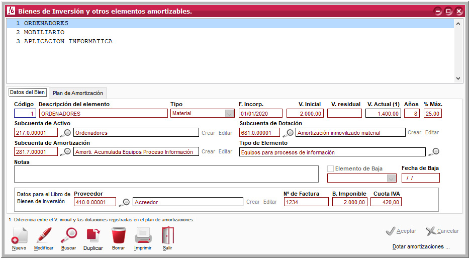 Datos de los bienes de inversión de ClassicConta.