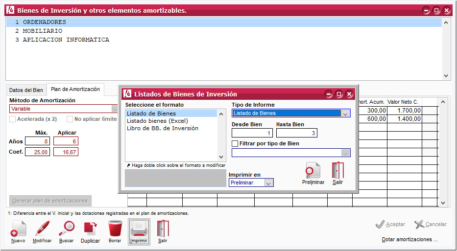 Listado de bienes de inversión de ClassicConta.