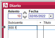 Número de subcuenta del asiento en el diario de ClassicConta.