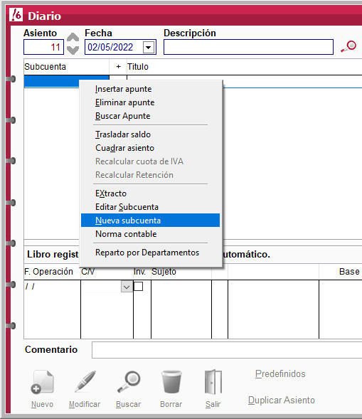 Crear nueva subcuenta desde el diario en ClassicConta.