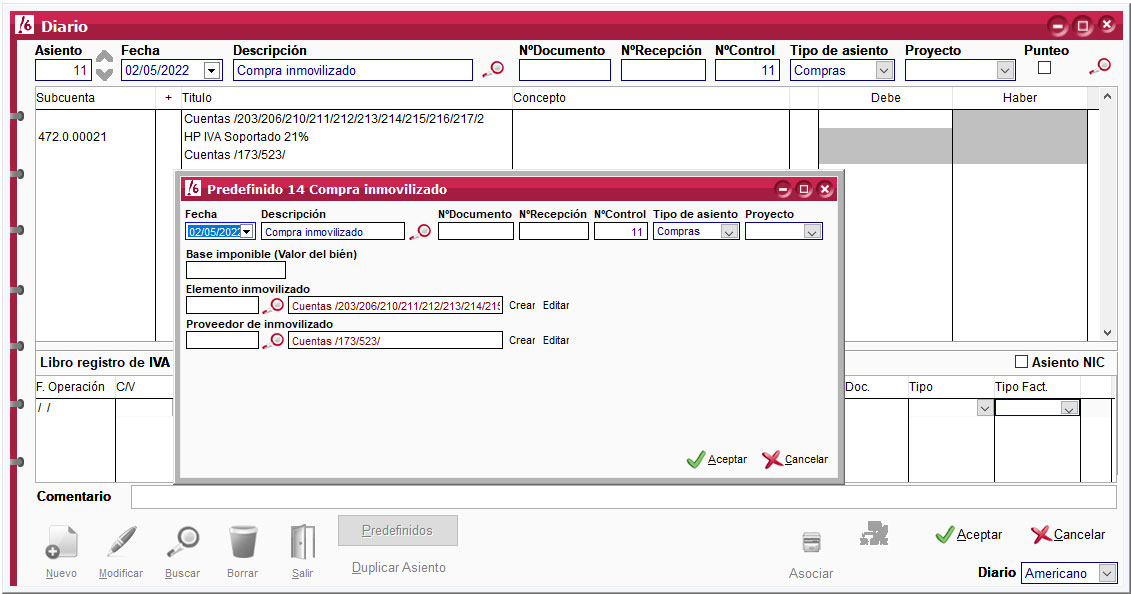 Crear asiento predefinido desde el diario en ClassicConta.