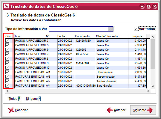 Revisar el traslado de datos en el asistente de importación de datos de ClassicGes a ClassicConta.