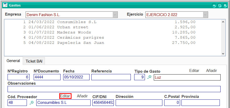 Editar el proveedor de un gasto en ClassicConta.